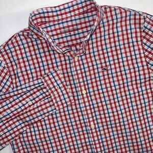 Vineyard Vines Shirt Youth Size‎ 16 Red Blue Plaid Whale Preppy Button Up